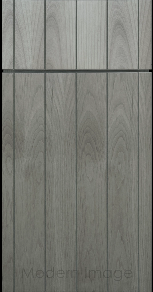 Front view of a Brooklyn style Grooved Flat Panel Cabinet Door and Drawer finished in Oyster Stain.